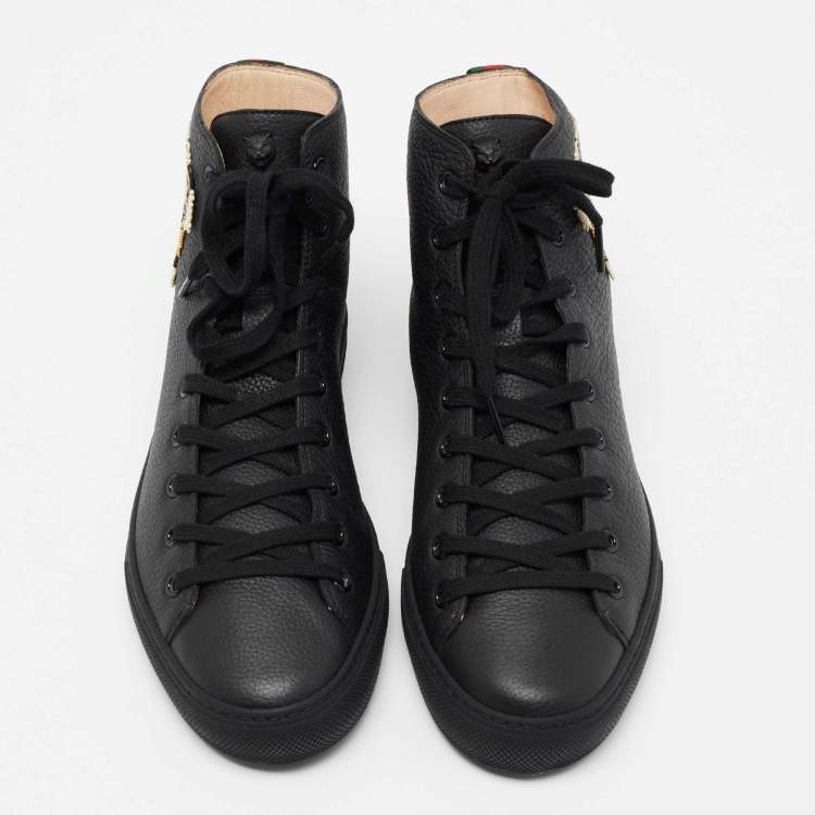 Pre Owned Gucci Black Leather Tiger Patch High Top Sneakers Size 41