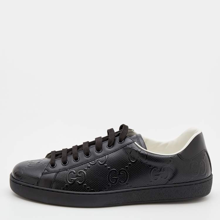 Pre Owned Gucci Black Perforated GG Embossed Leather Ace Low Top Sneakers Size 44