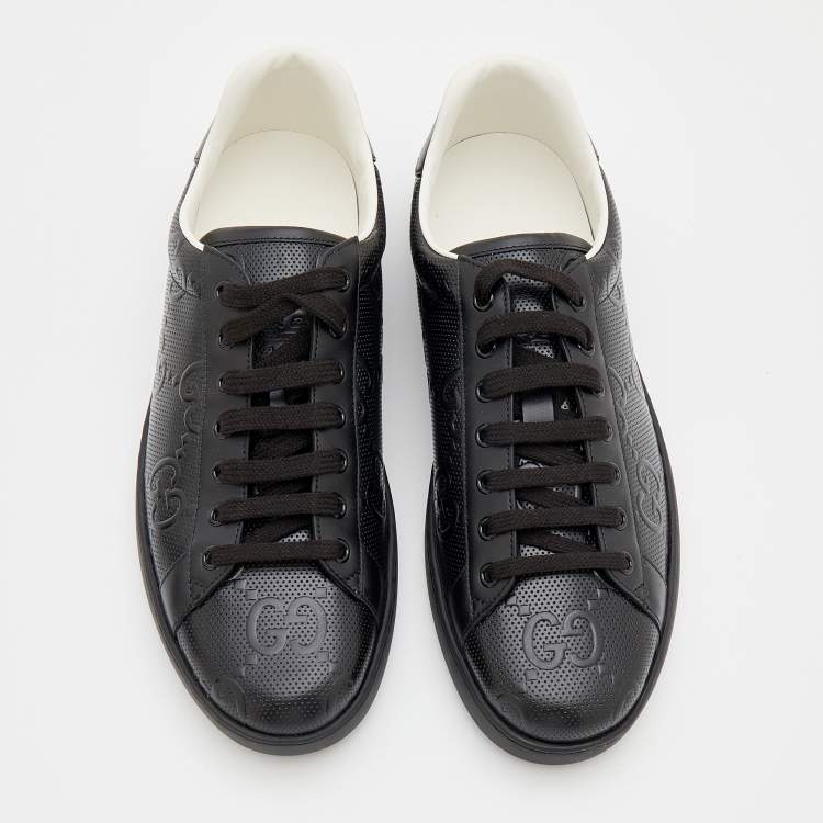 Pre Owned Gucci Black Perforated GG Embossed Leather Ace Low Top Sneakers Size 44