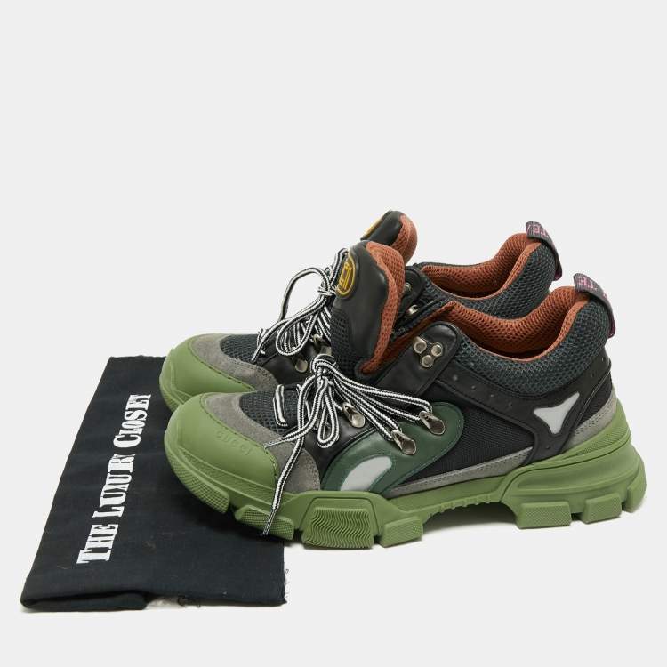 Pre Owned Gucci Green/Black Leather And Mesh Flashtrek Low Top Sneakers Size 43