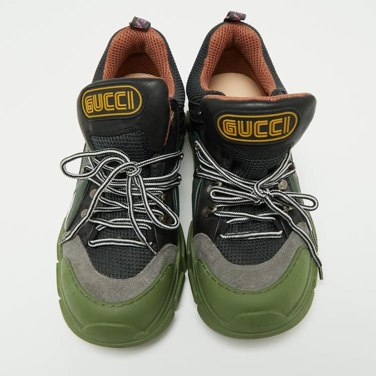 Pre Owned Gucci Green/Black Leather And Mesh Flashtrek Low Top Sneakers Size 43