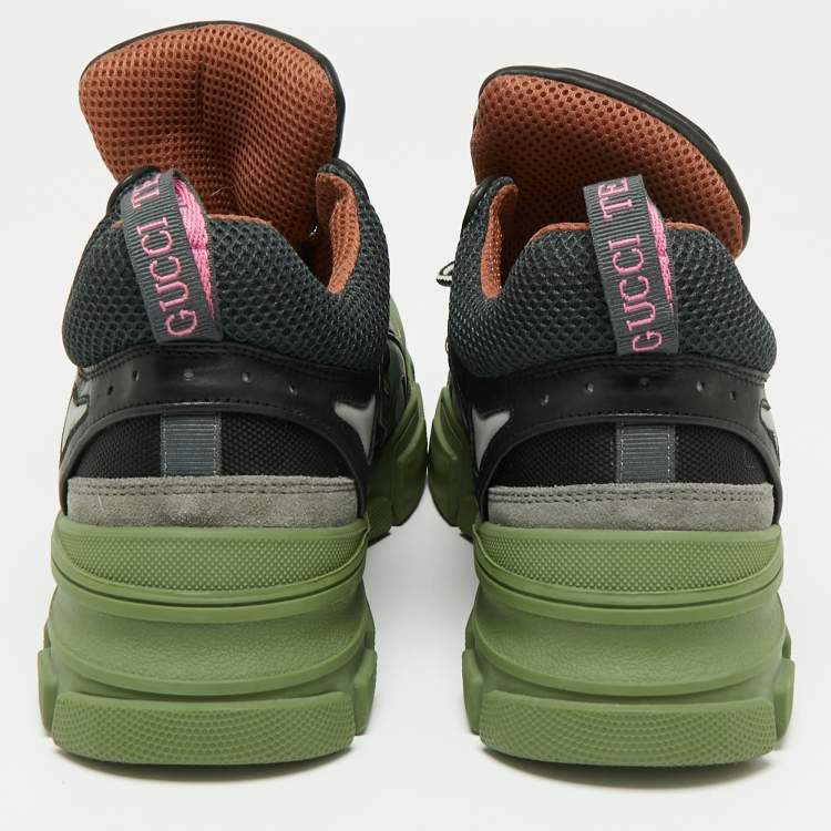 Pre Owned Gucci Green/Black Leather And Mesh Flashtrek Low Top Sneakers Size 43