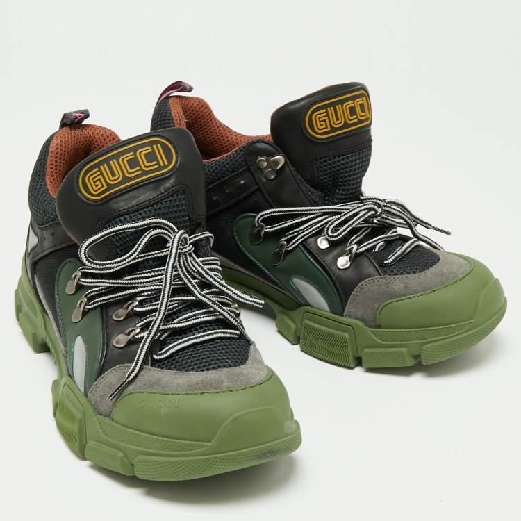 Pre Owned Gucci Green/Black Leather And Mesh Flashtrek Low Top Sneakers Size 43