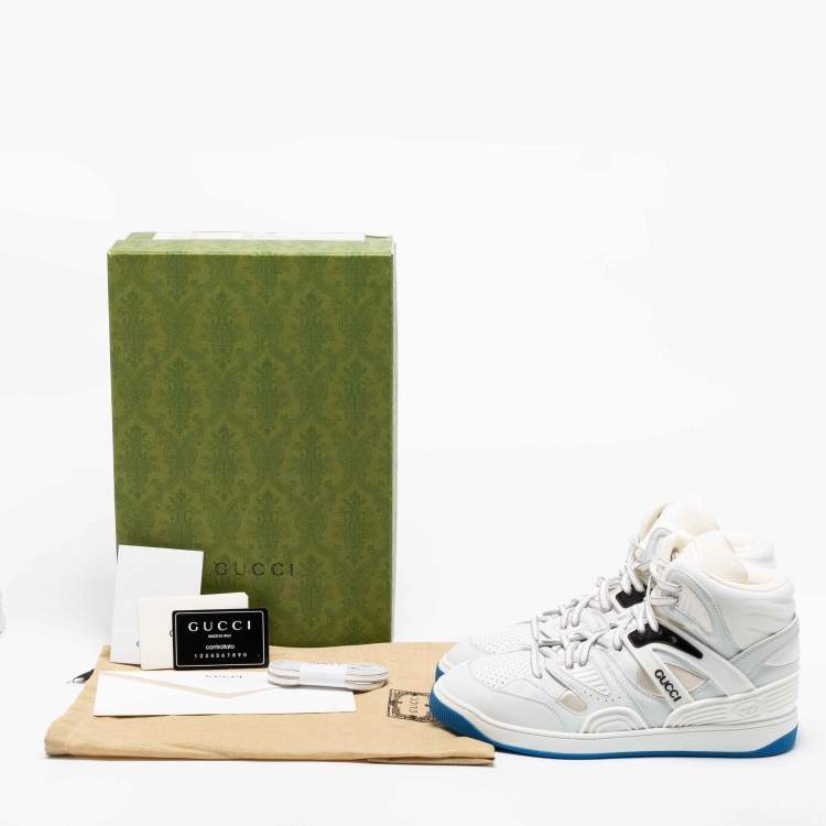 Pre Owned Gucci Grey/White Leather And Fabric Basket Ball High Top Sneakers Size 42 