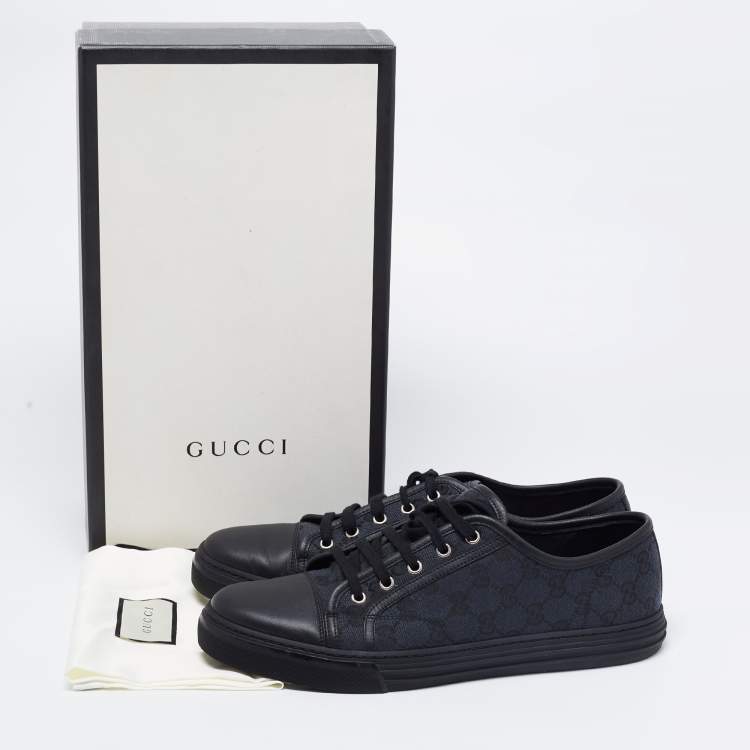 Pre Owned Gucci Black/Green Leather And GG Canvas Lace Up  Sneakers Size 43.5