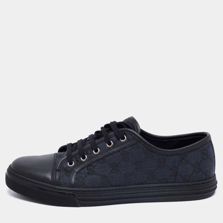 Pre Owned Gucci Black/Green Leather And GG Canvas Lace Up  Sneakers Size 43.5