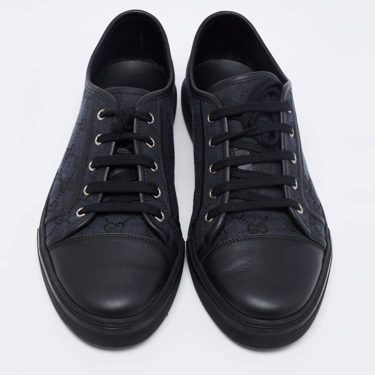 Pre Owned Gucci Black/Green Leather And GG Canvas Lace Up  Sneakers Size 43.5
