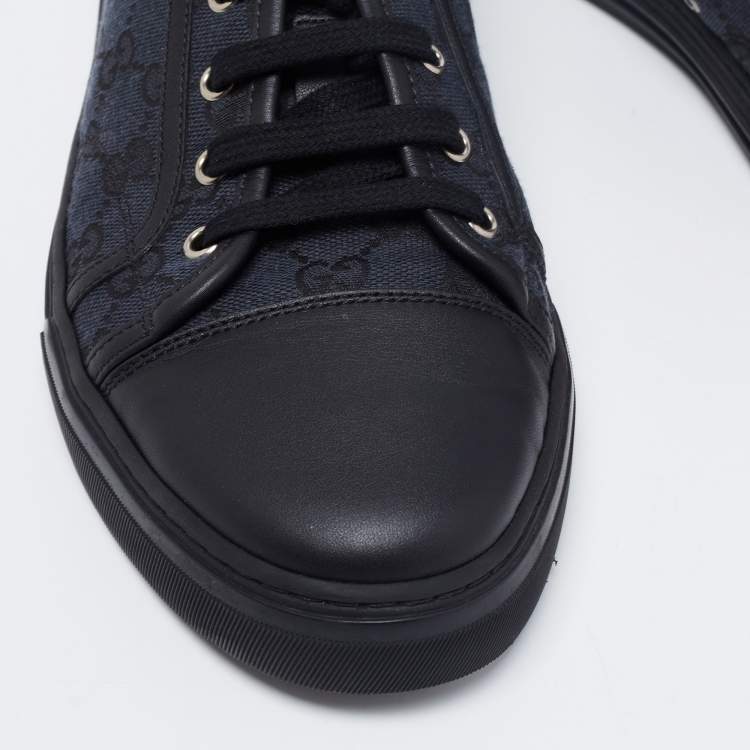 Pre Owned Gucci Black/Green Leather And GG Canvas Lace Up  Sneakers Size 43.5