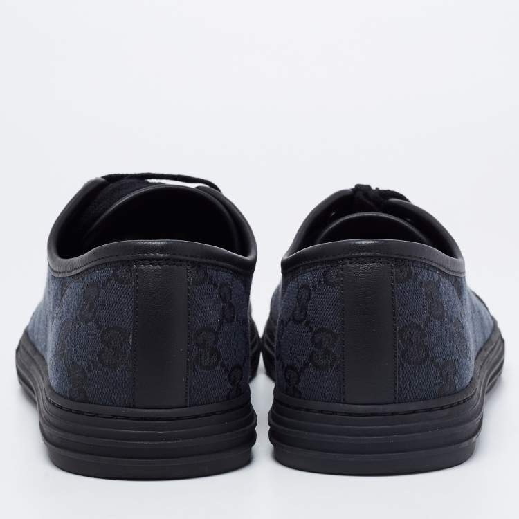 Pre Owned Gucci Black/Green Leather And GG Canvas Lace Up  Sneakers Size 43.5