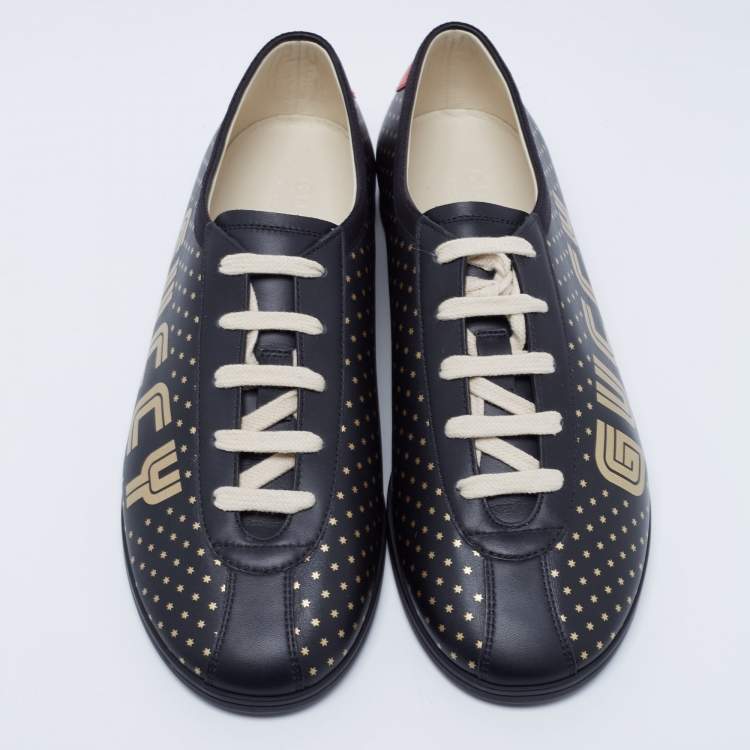 Pre Owned Gucci Black Star Print Leather Guccy Falacer Low Top Sneakers Size 41