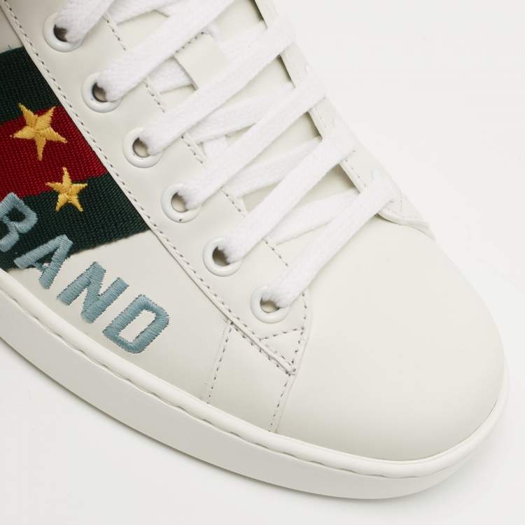 Pre Owned Gucci White Leather Gucci Band Embroidery Ace Sneakers Size 39.5