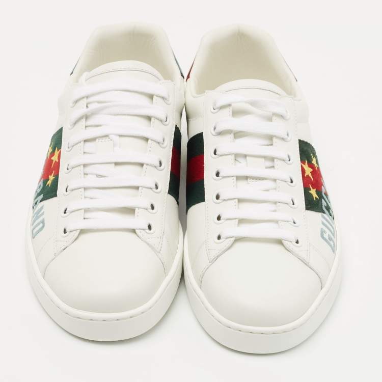 Pre Owned Gucci White Leather Gucci Band Embroidery Ace Sneakers Size 39.5