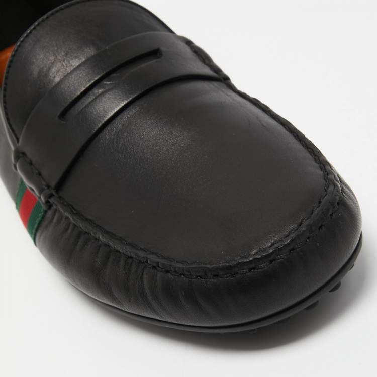 Pre Owned Gucci Black Leather Web Detail Penny Slip On Loafers Size 46