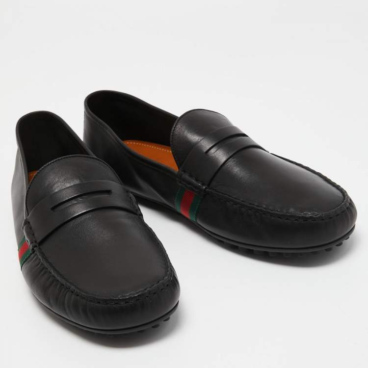 Pre Owned Gucci Black Leather Web Detail Penny Slip On Loafers Size 46