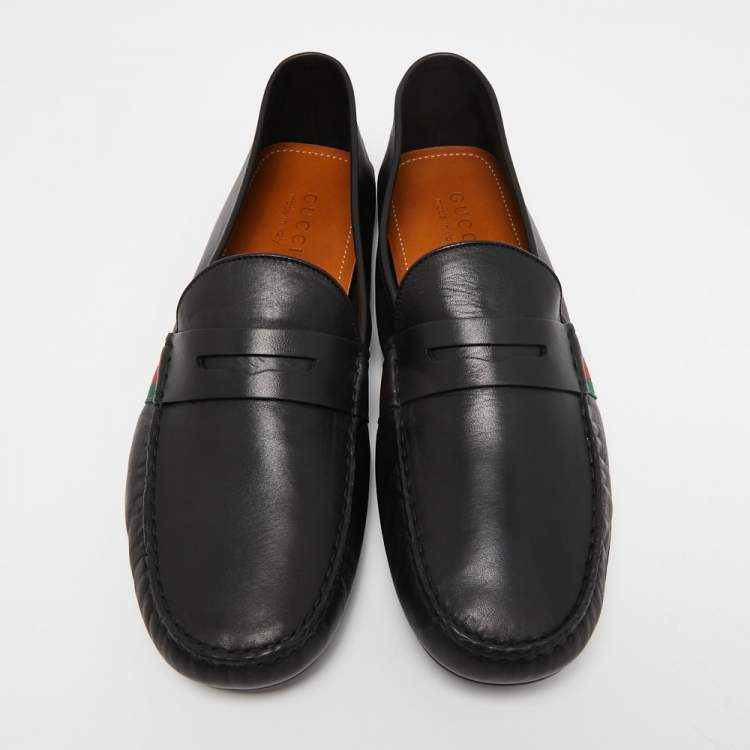 Pre Owned Gucci Black Leather Web Detail Penny Slip On Loafers Size 46