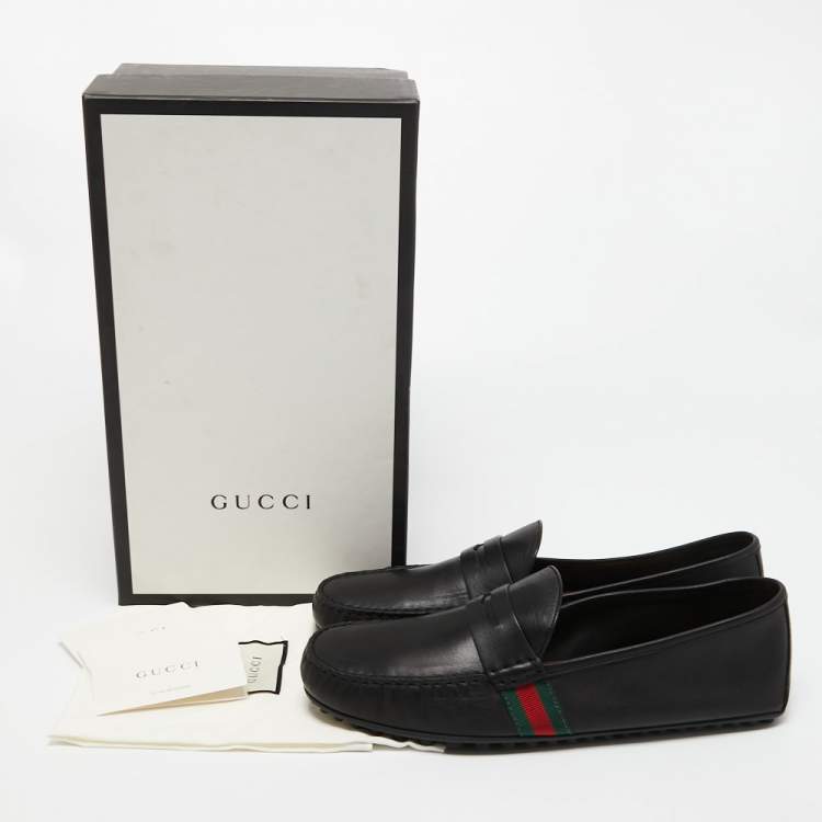 Pre Owned Gucci Black Leather Web Detail Penny Slip On Loafers Size 46