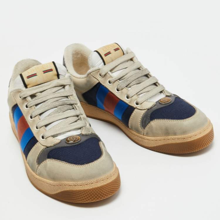 Pre Owned Gucci Grey/Cream Leather and Nubuck Screener Sneakers Size 38.5