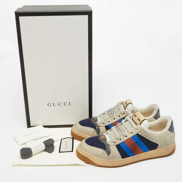 Pre Owned Gucci Grey/Cream Leather and Nubuck Screener Sneakers Size 38.5