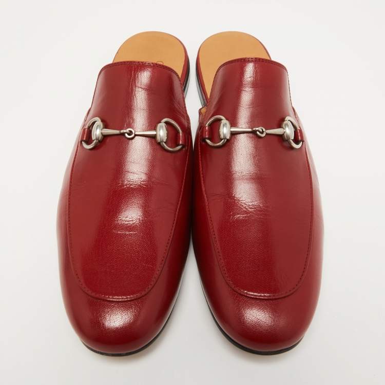 Pre Owned Gucci Red Leather Princetown Horsebit Flat Mules Size 44