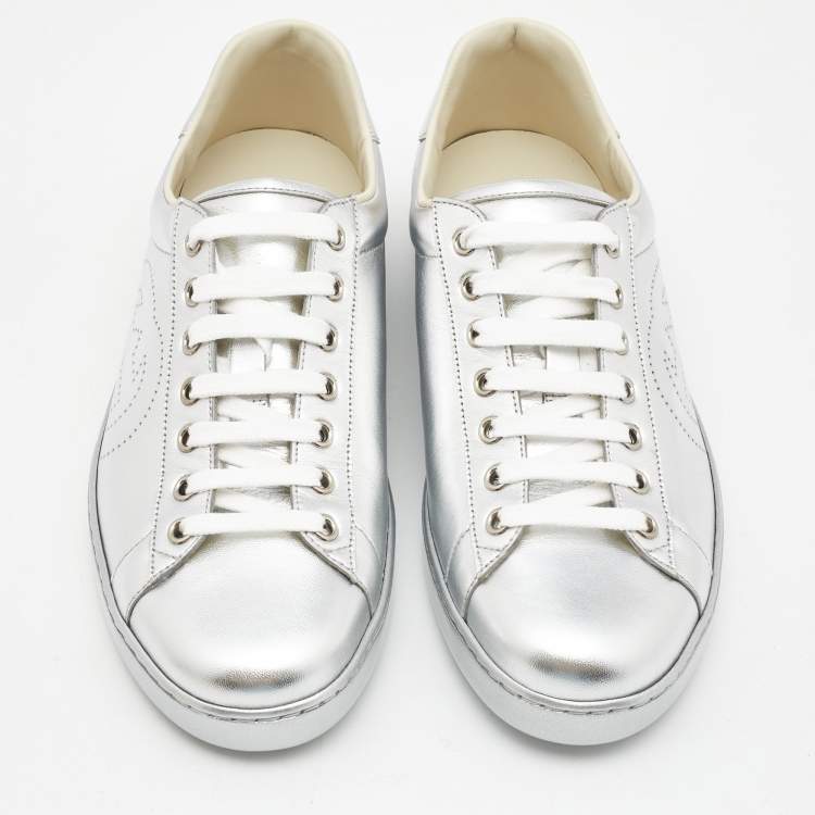 Pre Owned Gucci Silver Leather Ace Low Top Sneakers Size 41