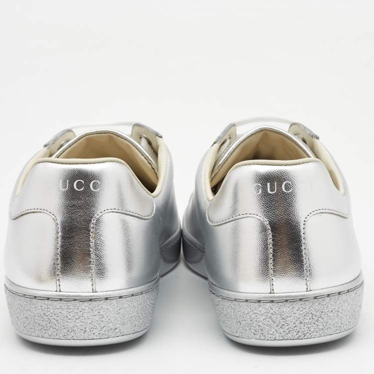 Pre Owned Gucci Silver Leather Ace Low Top Sneakers Size 41