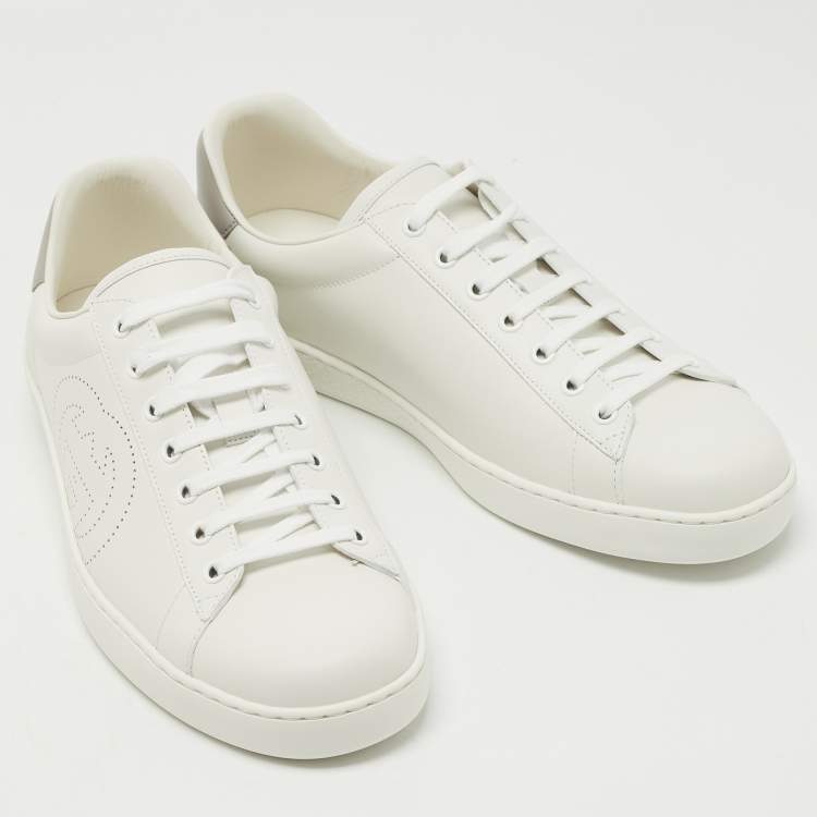 Pre Owned Gucci White Perforated Interlocking G Leather Ace Sneakers Size 44.5