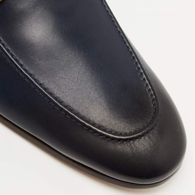 Pre Owned Gucci Navy Blue/Black Leather Jordaan Loafers Size 47