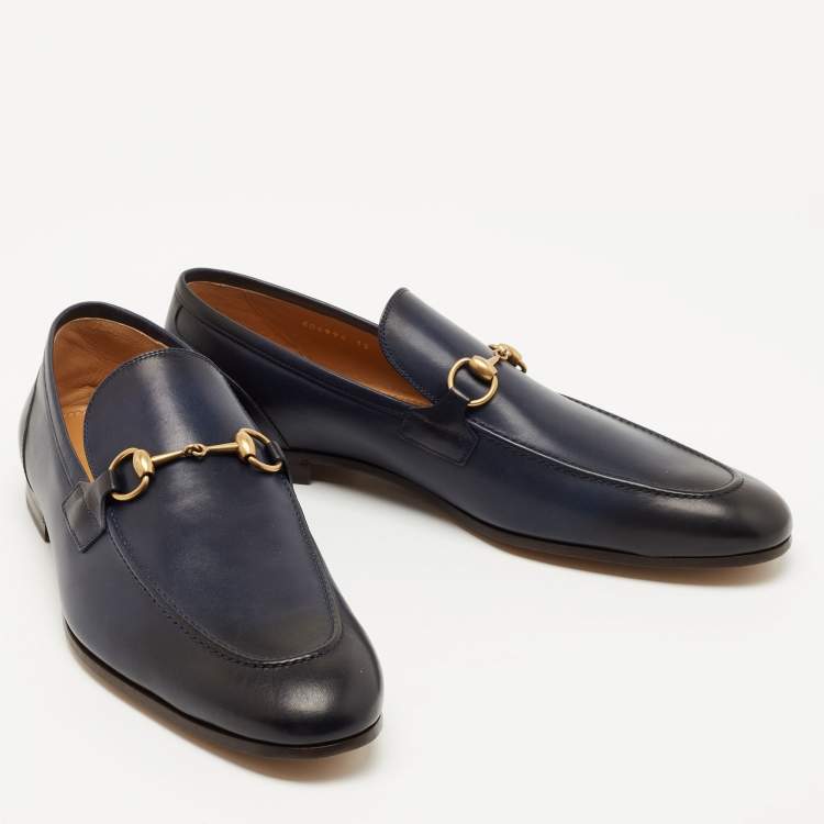 Pre Owned Gucci Navy Blue/Black Leather Jordaan Loafers Size 47