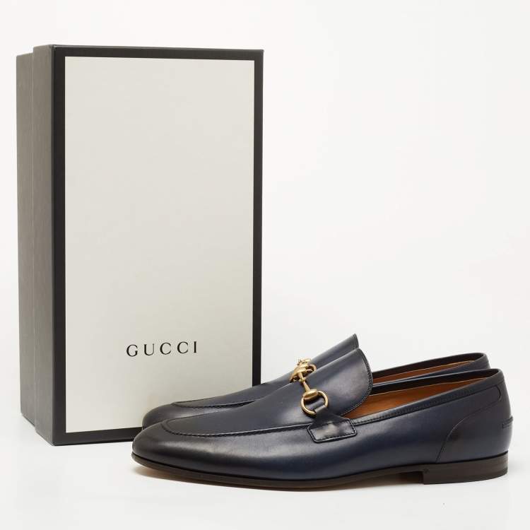 Pre Owned Gucci Navy Blue/Black Leather Jordaan Loafers Size 47