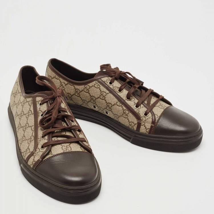 Pre Owned Gucci Beige/Brown Supreme Canvas And Leather Cap Toe Low Top Sneakers Size 44