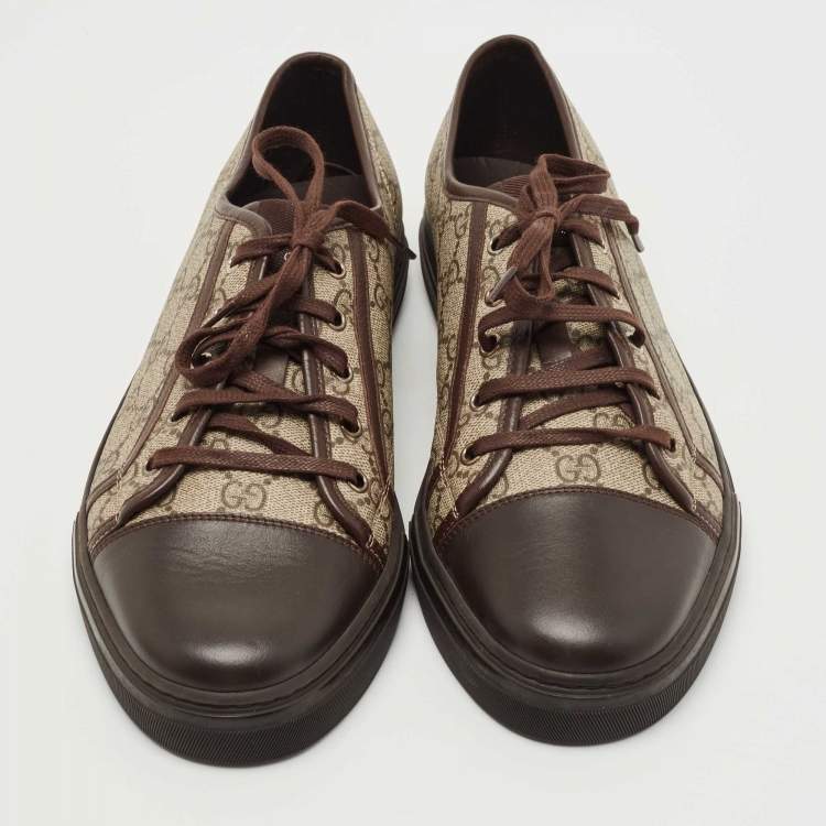 Pre Owned Gucci Beige/Brown Supreme Canvas And Leather Cap Toe Low Top Sneakers Size 44