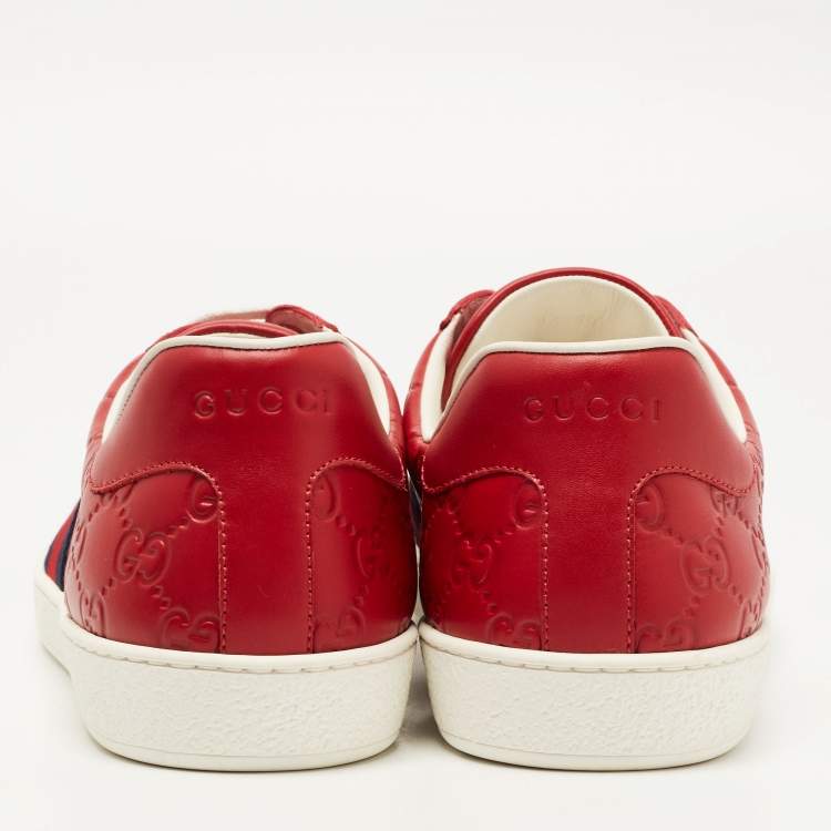 Pre Owned Gucci Red Guccissima Leather Ace Low Top Sneakers Size 44.5