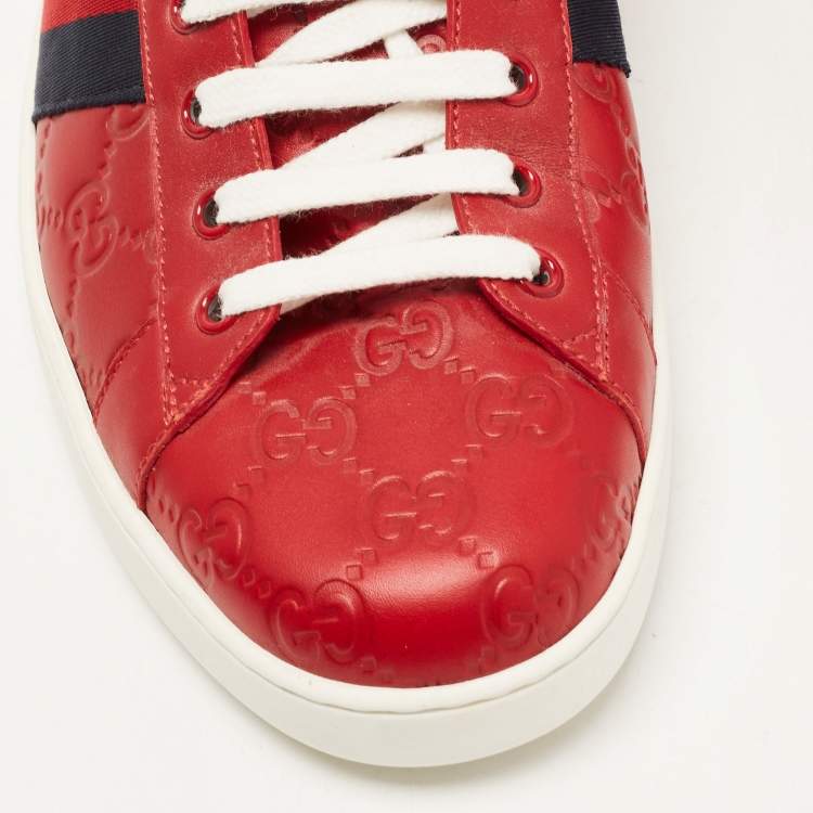 Pre Owned Gucci Red Guccissima Leather Ace Low Top Sneakers Size 44.5