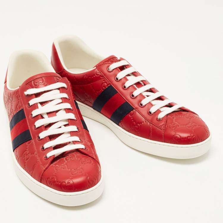 Pre Owned Gucci Red Guccissima Leather Ace Low Top Sneakers Size 44.5