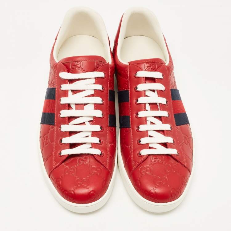 Pre Owned Gucci Red Guccissima Leather Ace Low Top Sneakers Size 44.5