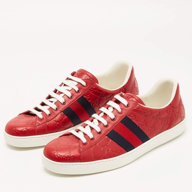 Pre Owned Gucci Red Guccissima Leather Ace Low Top Sneakers Size 44.5