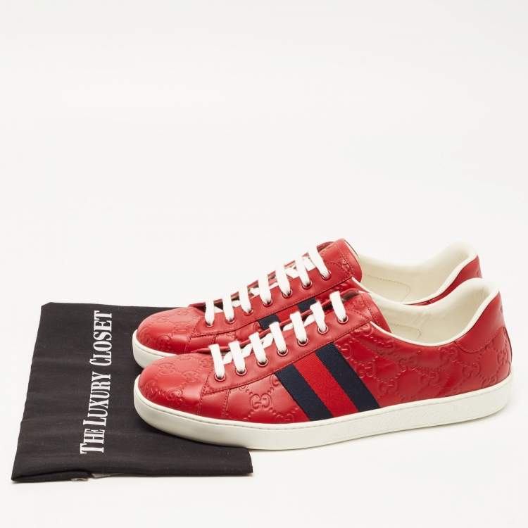 Pre Owned Gucci Red Guccissima Leather Ace Low Top Sneakers Size 44.5