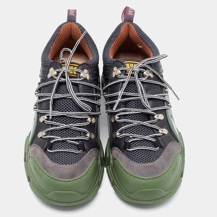 Pre Owned Gucci Green/Black Leather And Mesh Flashtrek Low Top Sneakers Size 44