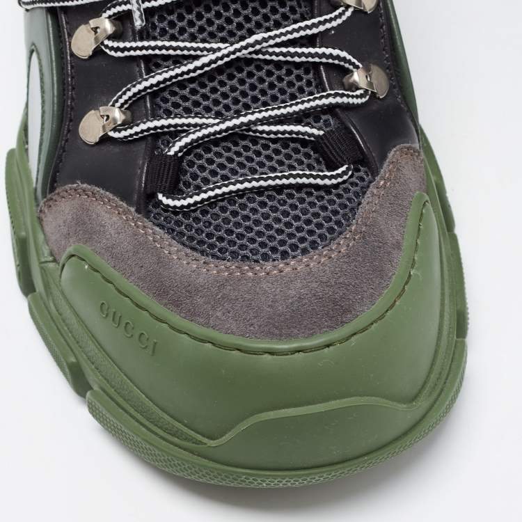 Pre Owned Gucci Green/Black Leather And Mesh Flashtrek Low Top Sneakers Size 44