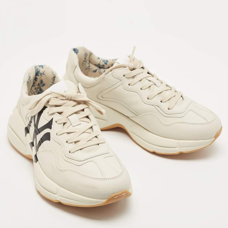 Pre Owned Gucci Cream Leather Rhyton NY Yankees Low Top Sneakers Size 40