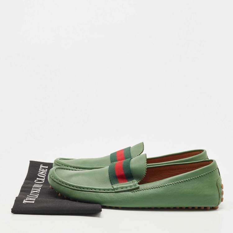Pre Owned Gucci Gucci Green Leather Web Loafers Size 45.5