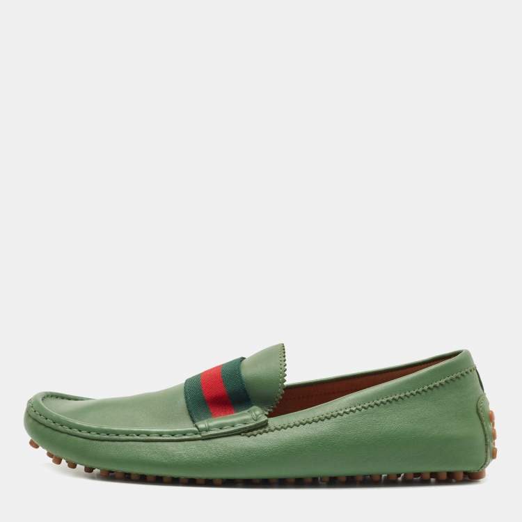 Pre Owned Gucci Gucci Green Leather Web Loafers Size 45.5