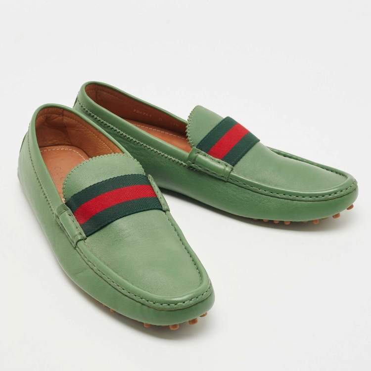 Pre Owned Gucci Gucci Green Leather Web Loafers Size 45.5