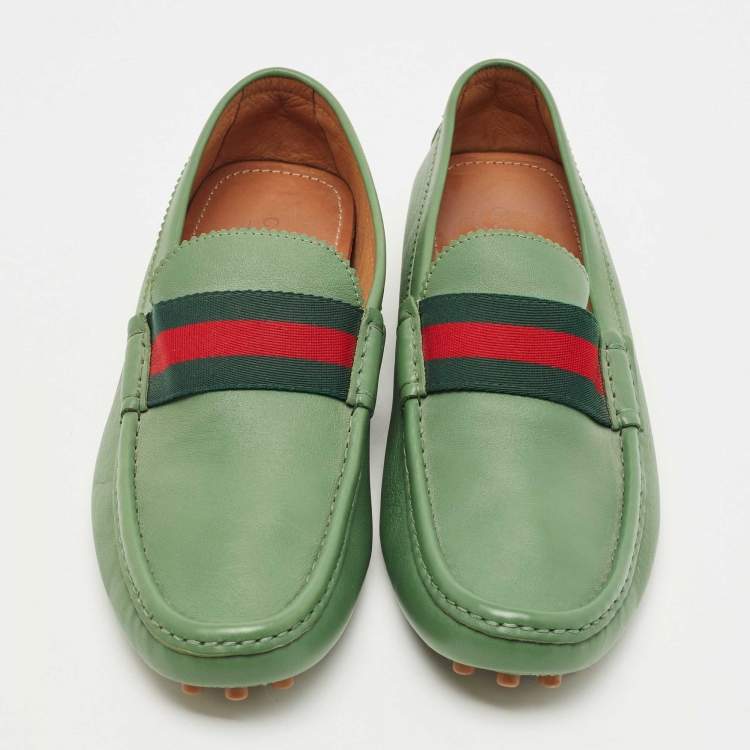 Pre Owned Gucci Gucci Green Leather Web Loafers Size 45.5