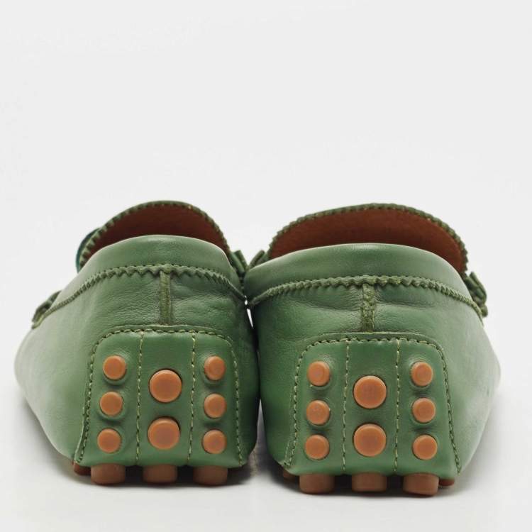 Pre Owned Gucci Gucci Green Leather Web Loafers Size 45.5