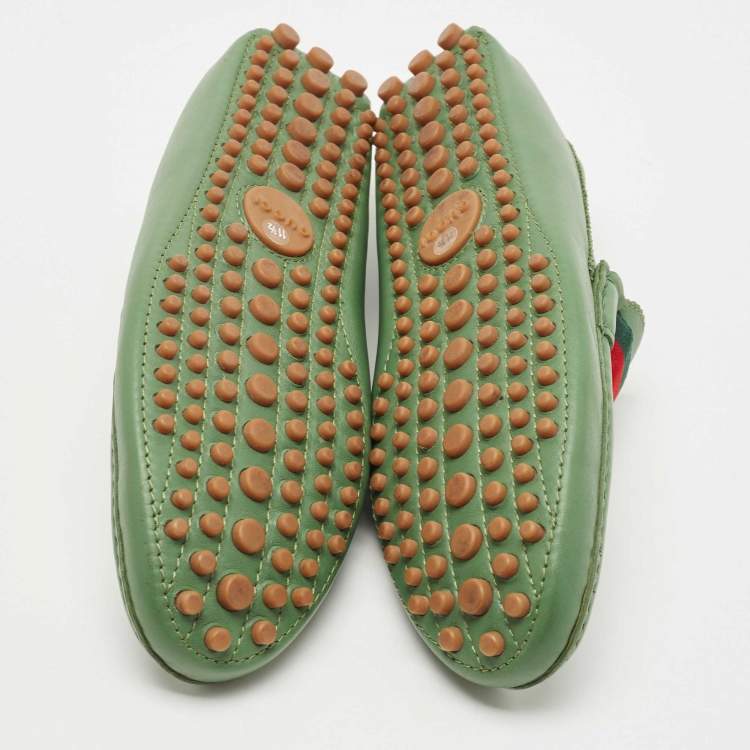 Pre Owned Gucci Gucci Green Leather Web Loafers Size 45.5