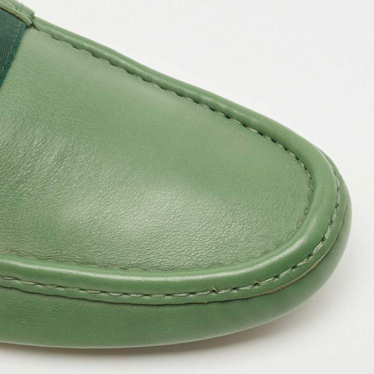 Pre Owned Gucci Gucci Green Leather Web Loafers Size 45.5