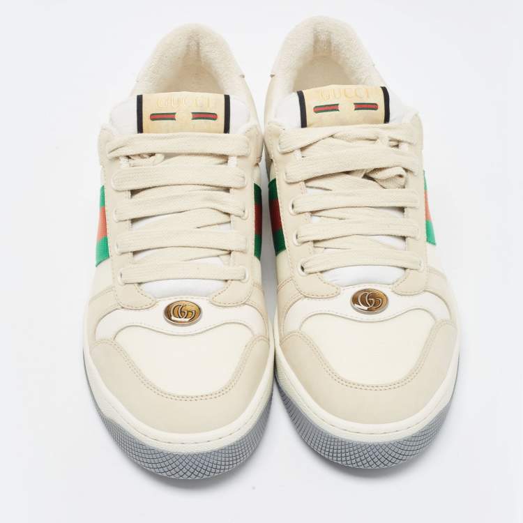 Pre Owned Gucci Cream Nubuck and Canvas Screener Low Top Sneakers Size 39.5