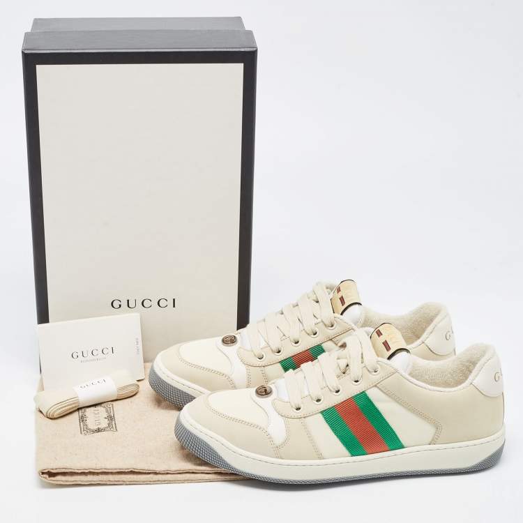 Pre Owned Gucci Cream Nubuck and Canvas Screener Low Top Sneakers Size 39.5