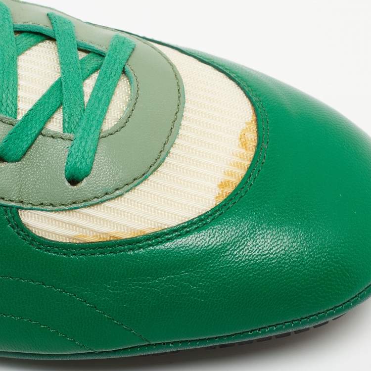 Pre Owned Gucci Green/White Leather and Fabric Low Top Sneakers Size 45.5